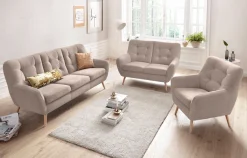 exxpo - sofa fashion 3-Sitzer »Scandi, bequem, aufwendige Rückenpolsterung für mehr Sitzkomfort« aktuelle Farben in hochwertigen Bezugsqualitäten, Holzfuß
