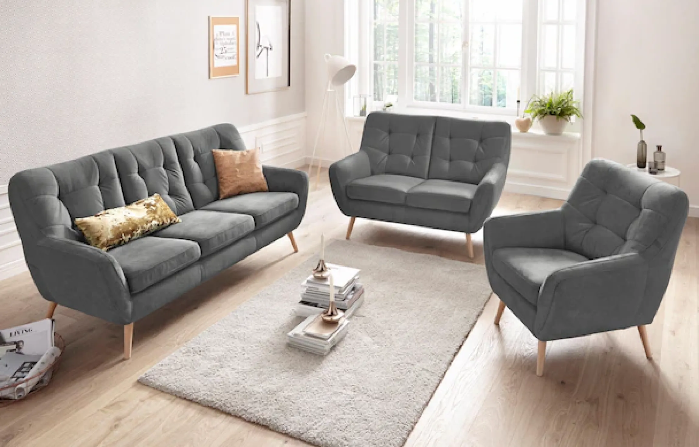 exxpo - sofa fashion 2-Sitzer »Scandi, bequem, aufwendige Rückenpolsterung für mehr Sitzkomfort« akuelle Farben in hochwertige Bezugsqualitäten, Holzfuß