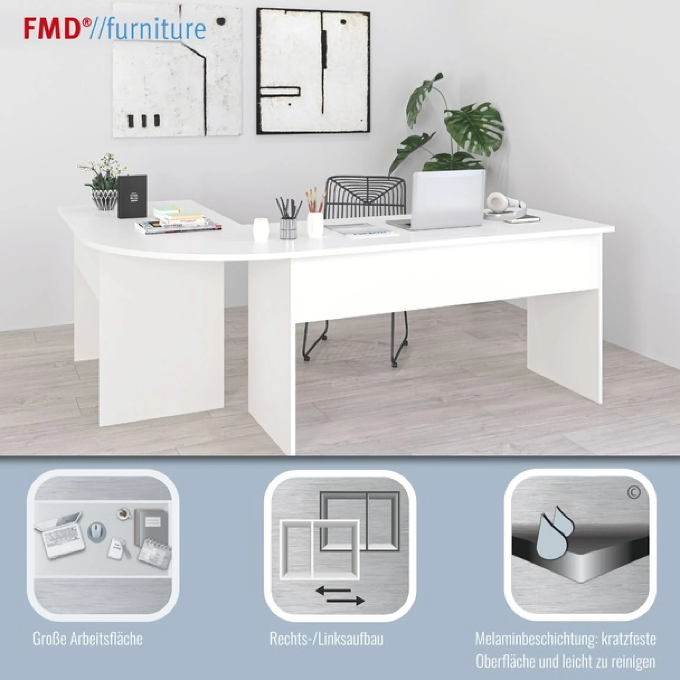 FMD Eckschreibtisch »Tiell« Winkelschreibtisch, Bürotisch, beidseitig montierbar, 205/155 cm