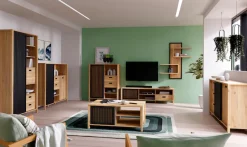 FORTE Couchtisch »Jytana« Breite 105,5 cm, Schiebetüren in Lamellenoptik, Mauvella Eiche/Schwarz