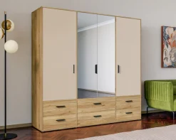 FORTE Drehtürenschrank »Schrank mit Spiegel, zeitloses Design, 4türig« viel Stauraum, Schubladen, Spiegeltürenm Höhe 200 cm