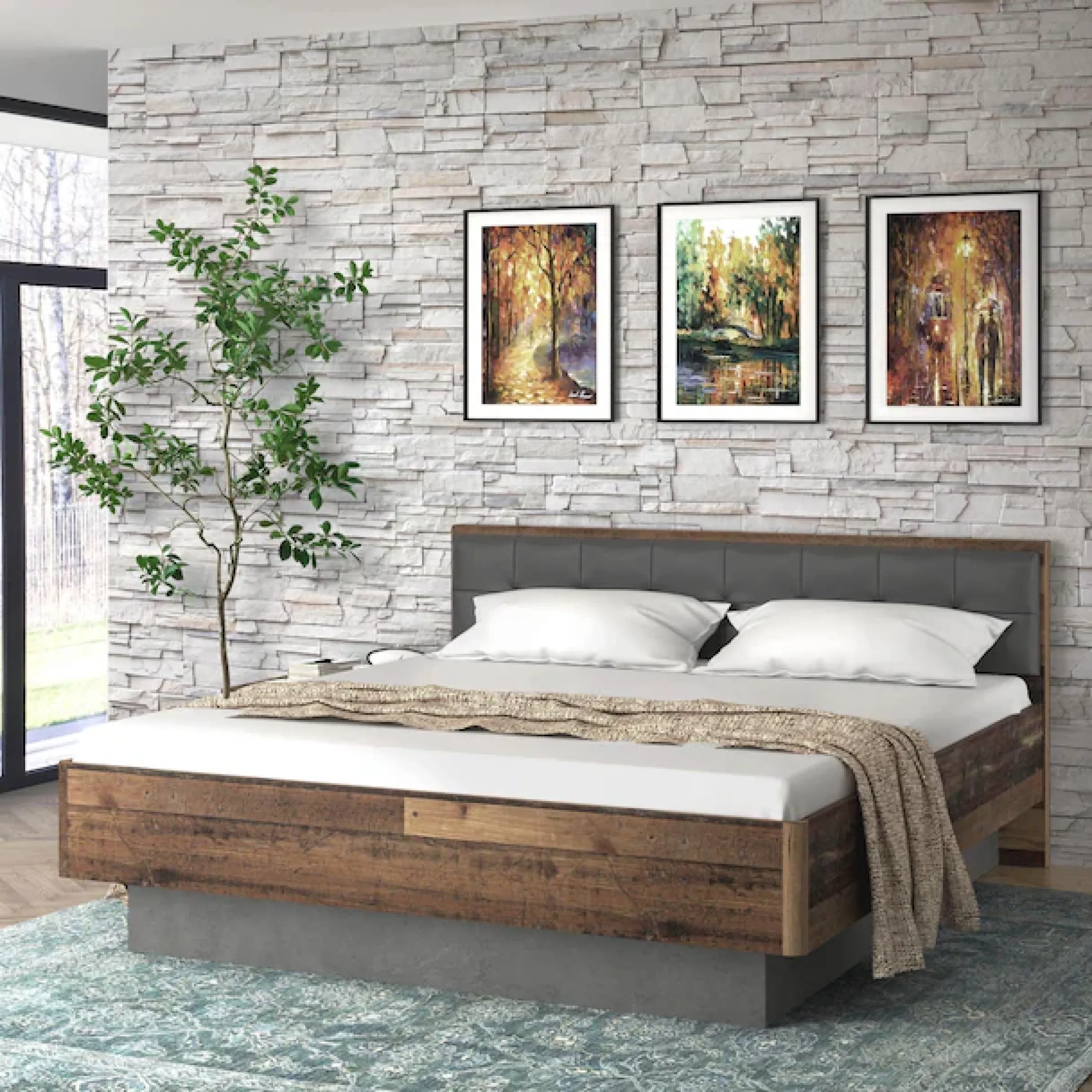 FORTE Futonbett »Clif, Bettanlage, Old – Wood Vintage, Betonoptik Dunkelgrau« Liegefläche 180x200cm,mit gepolstertem Kopfteil aus Kunstleder, bis 220KG belastbar
