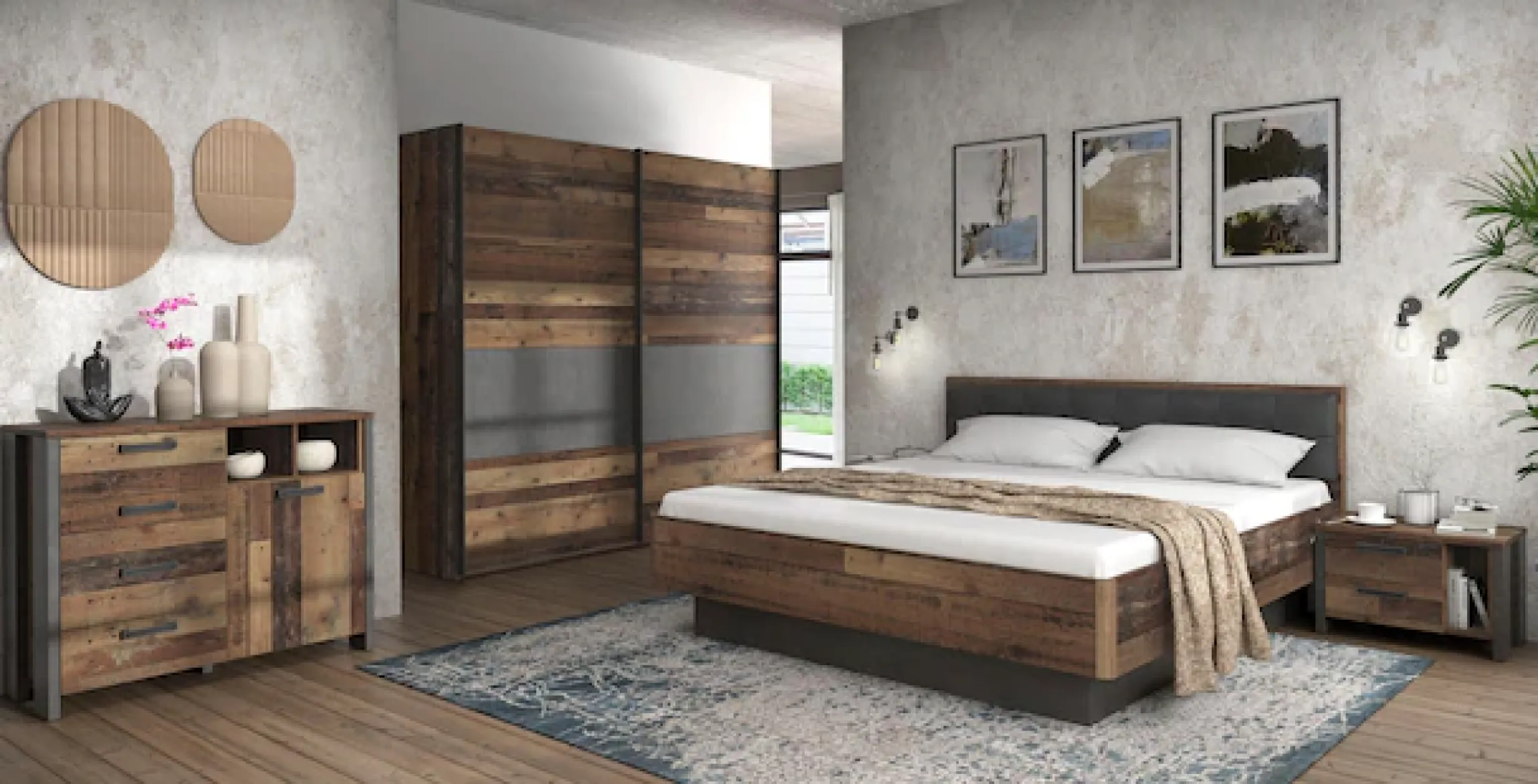 FORTE Futonbett »Clif, Bettanlage, Old – Wood Vintage, Betonoptik Dunkelgrau« Liegefläche 180x200cm,mit gepolstertem Kopfteil aus Kunstleder, bis 220KG belastbar