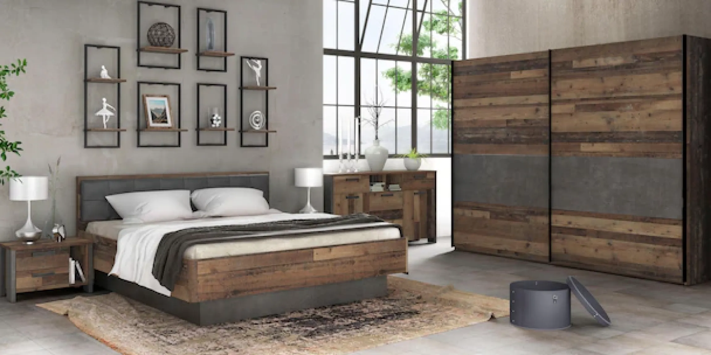 FORTE Futonbett »Clif, Bettanlage, Old – Wood Vintage, Betonoptik Dunkelgrau« Liegefläche 180x200cm,mit gepolstertem Kopfteil aus Kunstleder, bis 220KG belastbar