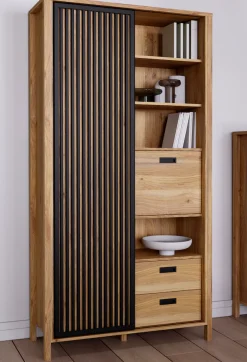 FORTE Highboard »Jytana« Höhe 200,3 cm, Schiebetüre mit Lamellenoptik, Mauvella Eiche / Schwarz