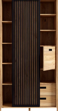 FORTE Highboard »Jytana« Höhe 200,3 cm, Schiebetüre mit Lamellenoptik, Mauvella Eiche / Schwarz