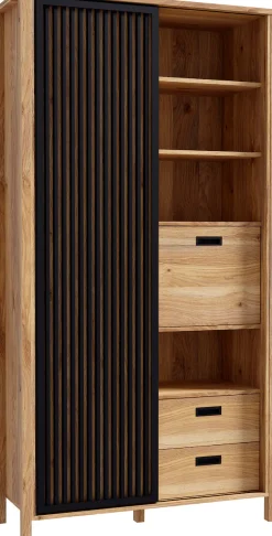 FORTE Highboard »Jytana« Höhe 200,3 cm, Schiebetüre mit Lamellenoptik, Mauvella Eiche / Schwarz