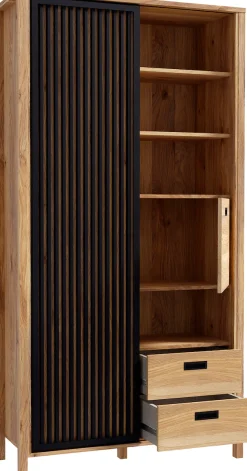 FORTE Highboard »Jytana« Höhe 200,3 cm, Schiebetüre mit Lamellenoptik, Mauvella Eiche / Schwarz