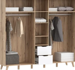 FORTE Kleiderschrank »Vankka, Drehtürenschrank, Viel Stauraum, skandinavischer Stil« Made in Europe, mit Einlegeböden+Kleiderstangen+Schubladen,grifflos