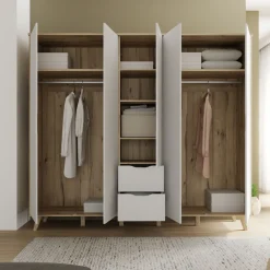 FORTE Kleiderschrank »Vankka, Drehtürenschrank, Viel Stauraum, skandinavischer Stil« Made in Europe, mit Einlegeböden+Kleiderstangen+Schubladen,grifflos