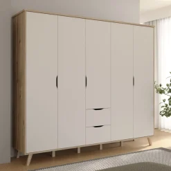 FORTE Kleiderschrank »Vankka, Drehtürenschrank, Viel Stauraum, skandinavischer Stil« Made in Europe, mit Einlegeböden+Kleiderstangen+Schubladen,grifflos