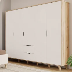 FORTE Kleiderschrank »Vankka, Drehtürenschrank, Viel Stauraum, skandinavischer Stil« Made in Europe, mit Einlegeböden+Kleiderstangen+Schubladen,grifflos