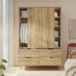 FORTE Schiebetürenschrank »Vankka Viel Stauraum, skandinavischer Stil« B/H/T ca.140x200x50cm,Made in Europe, mit Einlegeböden+Kleiderstange+Schubladen,grifflos