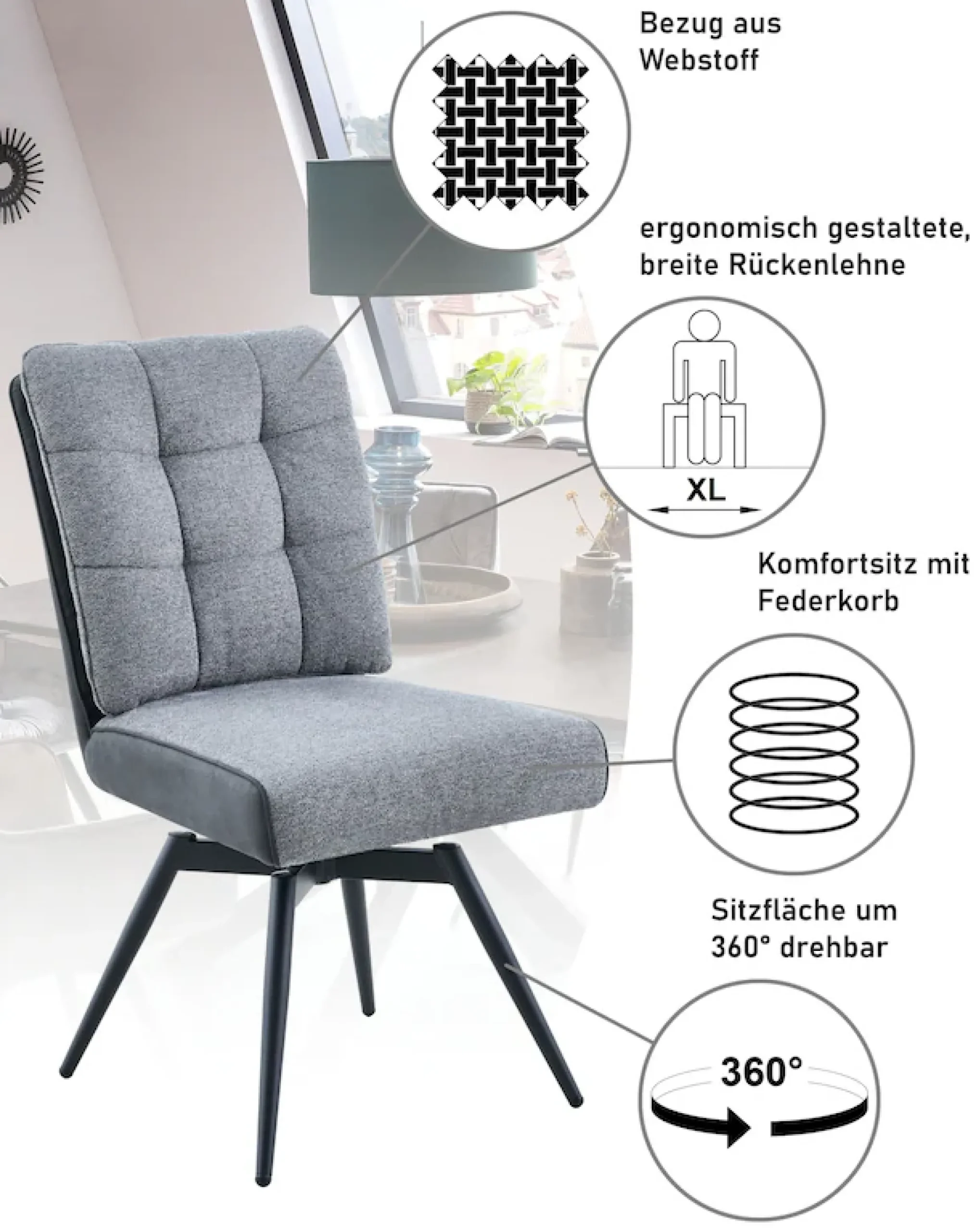 HELA 4-Fußstuhl »TOMAR« () 2 Stk.XL Sitzbreite, 360° drehbar, mit Federkorb, Materialkombi