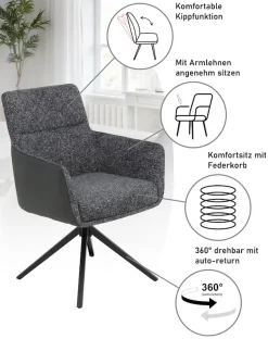 HELA 4-Fußstuhl »UDINE, Funktionsstuhl, Armlehnenstuhl« (Set) 1 Stk.360°drehbar mit Auto-Return,Wippfunktion, Federkorb, Stoffkombination