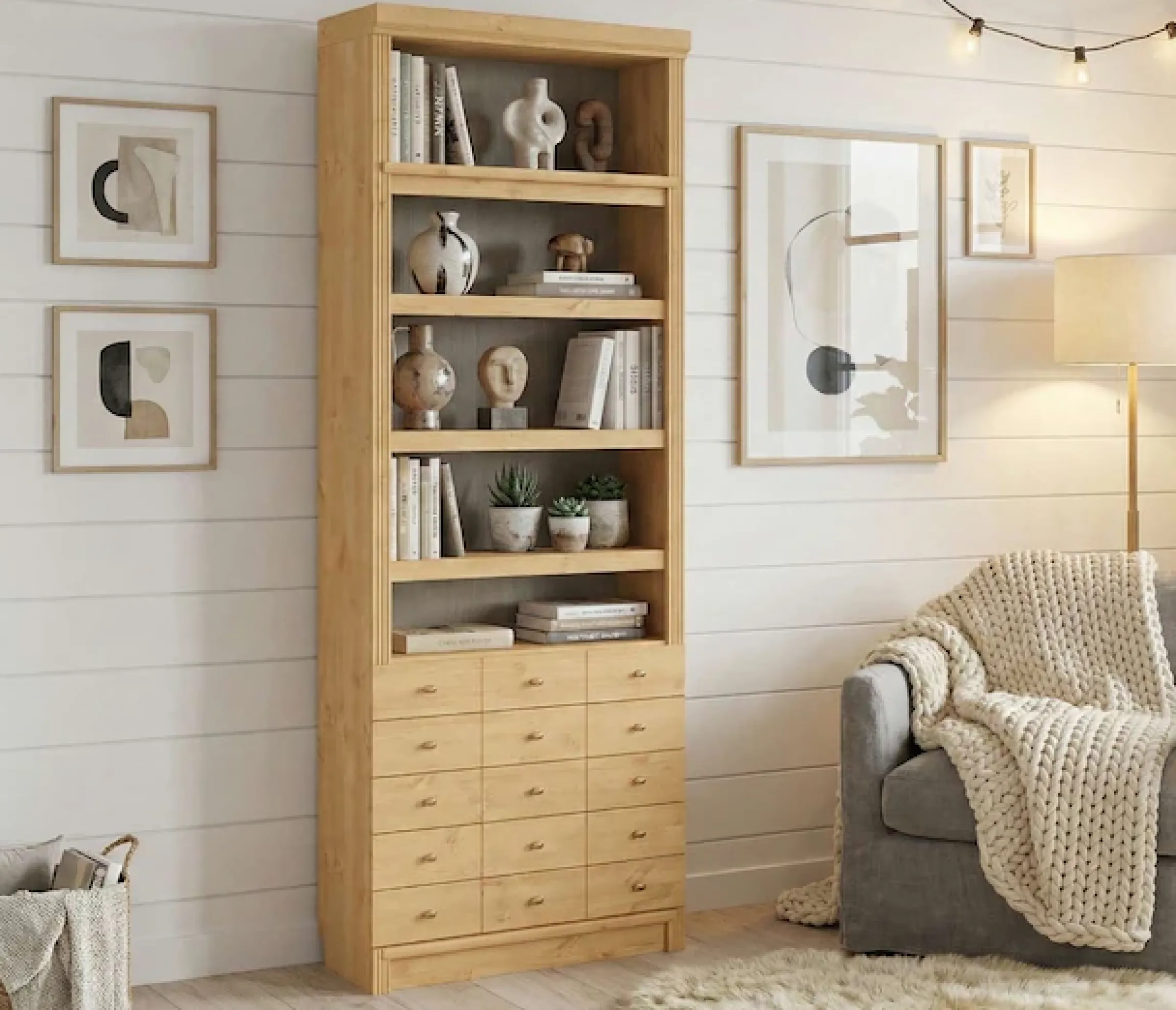 Home affaire Bücherregal »Soeren Regal mit 5 breiten Schubkästen in geteilter Optik« T/H: 80/29/220 cm, Kiefer FSC®-zertifiziert, elegante Metallgriffe