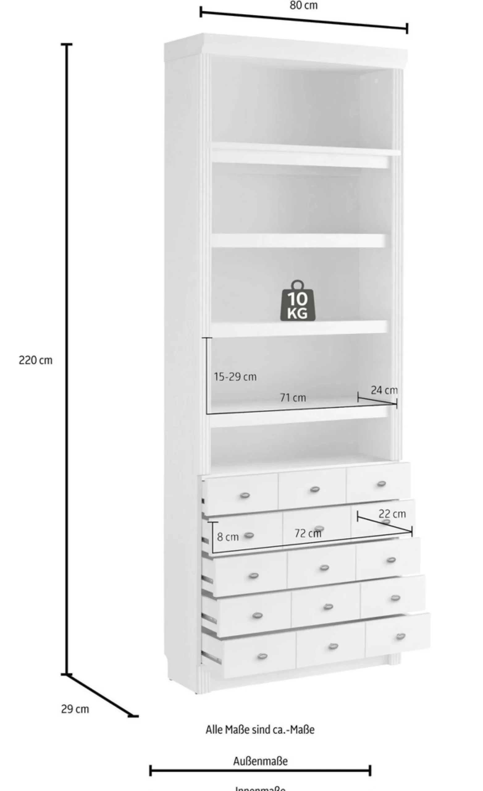 Home affaire Bücherregal »Soeren Regal mit 5 breiten Schubkästen in geteilter Optik« T/H: 80/29/220 cm, Kiefer FSC®-zertifiziert, elegante Metallgriffe