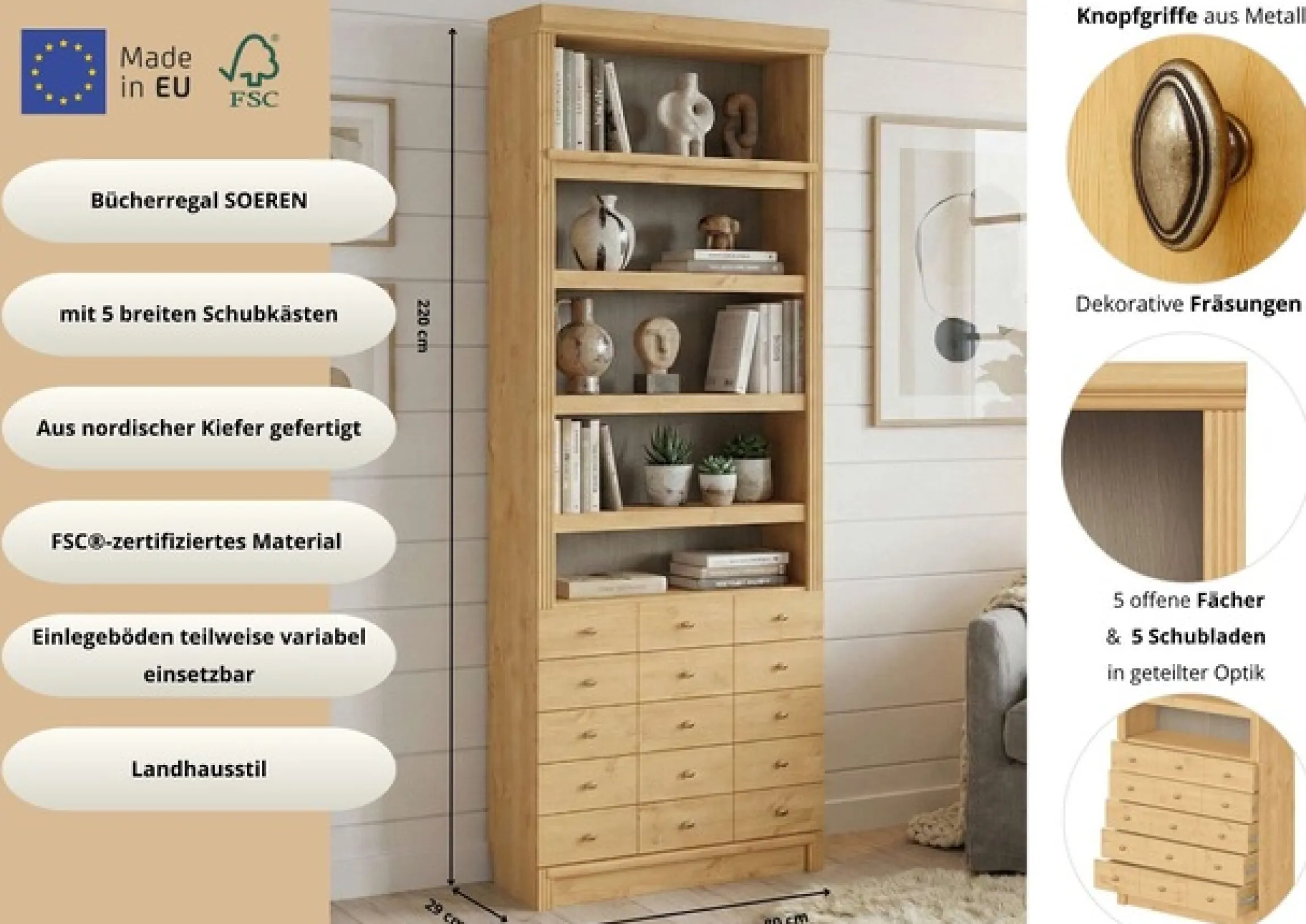 Home affaire Bücherregal »Soeren Regal mit 5 breiten Schubkästen in geteilter Optik« T/H: 80/29/220 cm, Kiefer FSC®-zertifiziert, elegante Metallgriffe