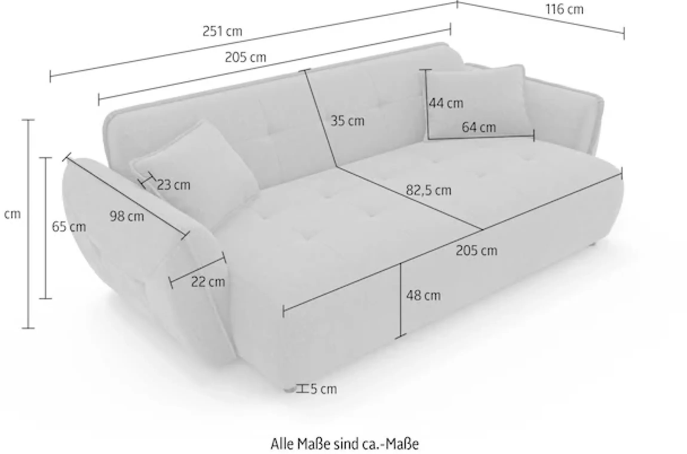 Home affaire Big-Sofa »MIRELDA Design-Sofa mit Steppungen, hoher Sitzkomfort, Breite 251 cm« Sitztiefe 82,5 cm, elegant und bequem, Zierkissen, belastbar bis 480kg