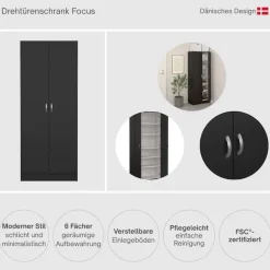 Home affaire Drehtürenschrank »Focus, Kleiderschrank, Stauraum« mit 2 Türen und 5 Einlegeböden, Breite 69 cm, Höhe 170 cm
