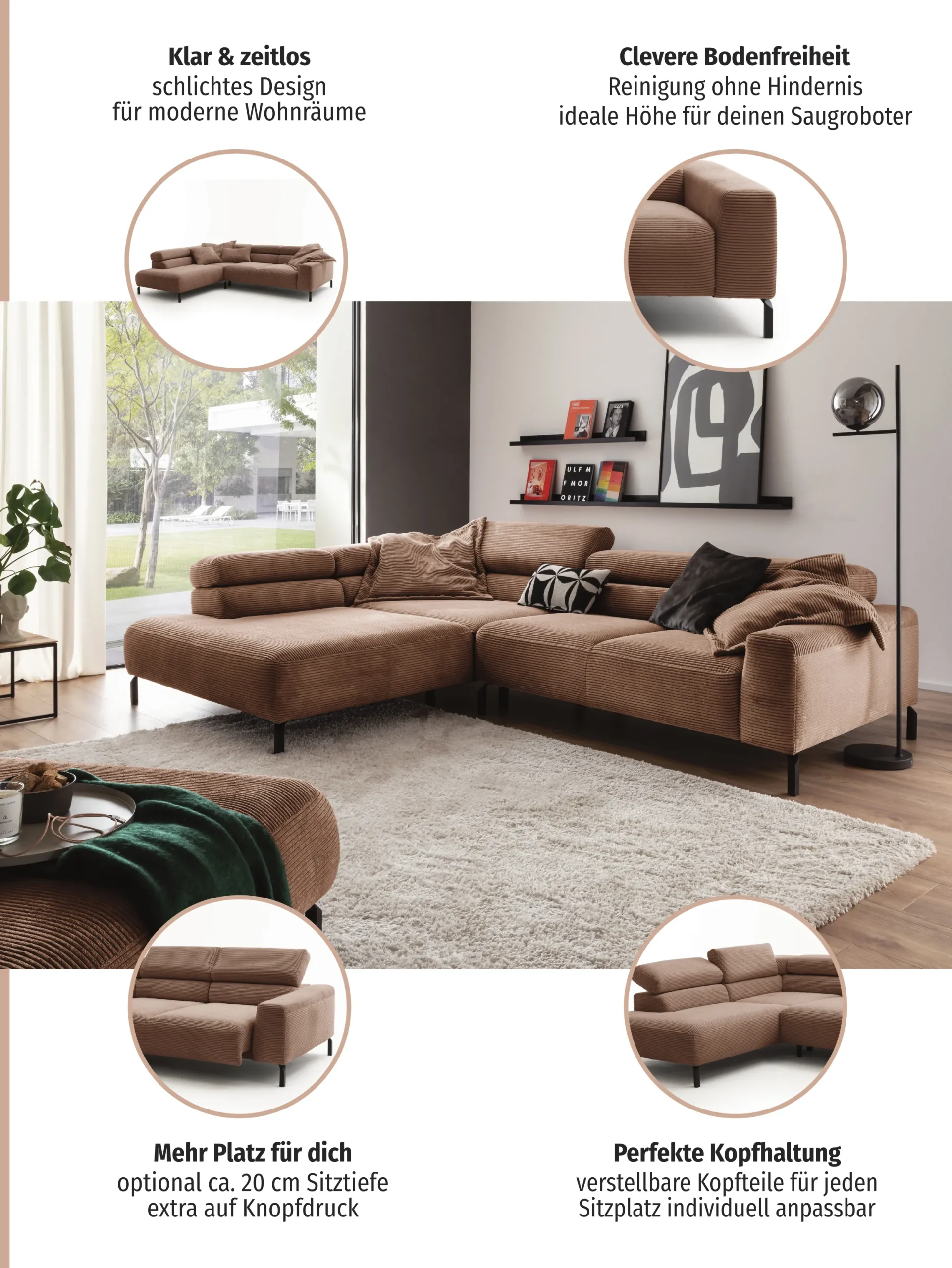 Home affaire Ecksofa »Antonelli, L-Form,inkl. Kopfteilverstellung, Breite 276 cm« ohne Sitztiefenverstellung, in Cord, taupe