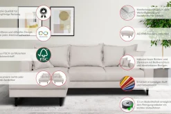 Home affaire Ecksofa »VEYRAS L-Form, hoher Sitzkomfort, Maße B/T/H: 230/150/76 cm« mit Wellenunterfederung, incl. Rückenkissen und Zierkissen
