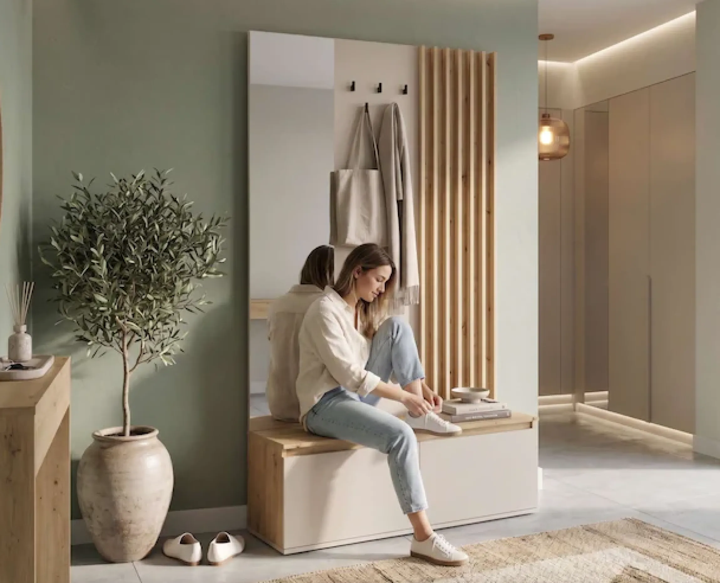 Home affaire Garderobenpaneel »LANDUVA Garderobe mit Schuhschrank, Spiegel und Haken, Breite 120 cm« Garderoben-Set, Kompaktgarderobe, mit Sitzbank, Lamellen Design