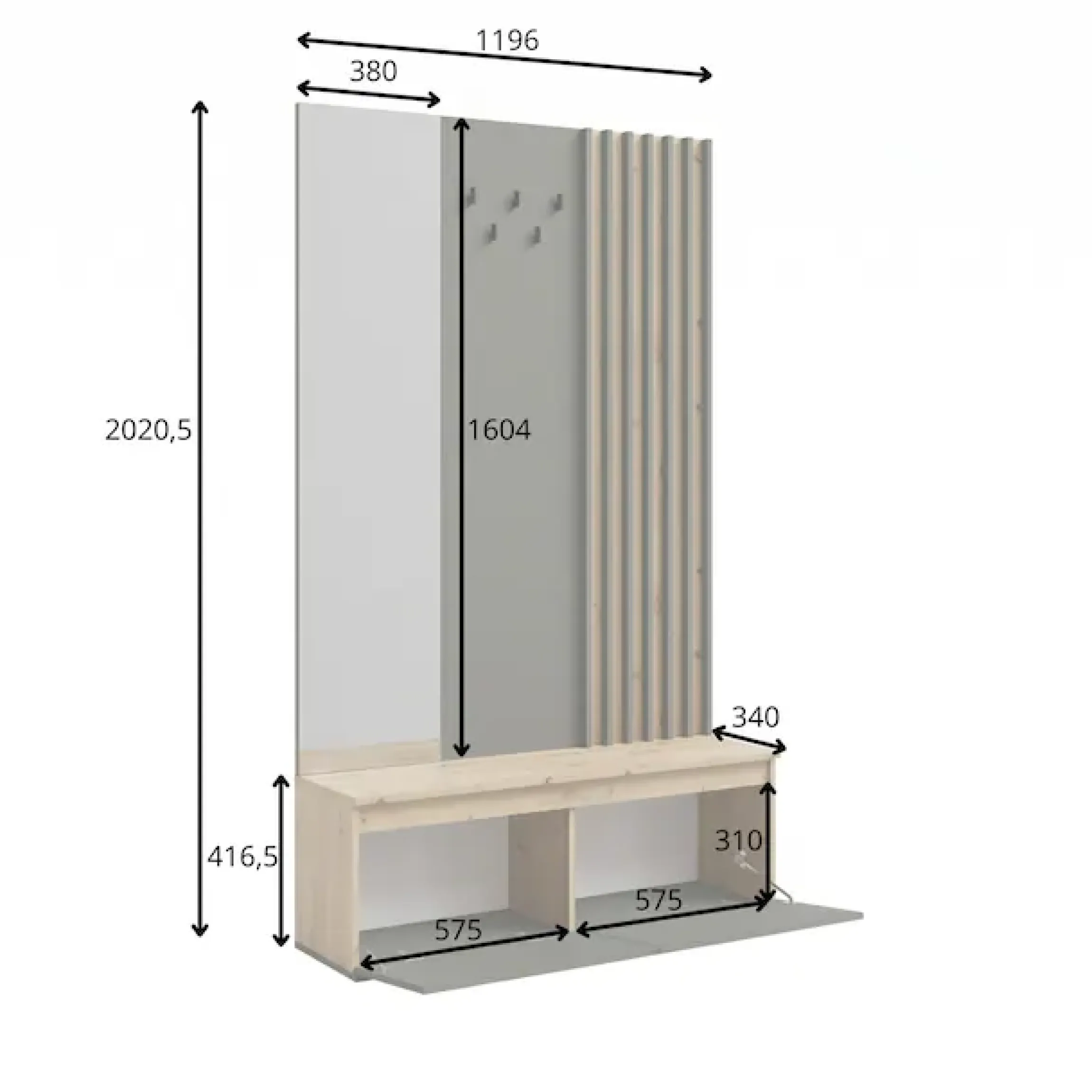Home affaire Garderobenpaneel »LANDUVA Garderobe mit Schuhschrank, Spiegel und Haken, Breite 120 cm« Garderoben-Set, Kompaktgarderobe, mit Sitzbank, Lamellen Design