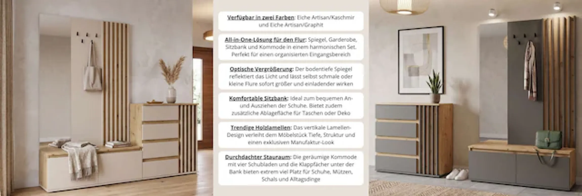 Home affaire Garderobenpaneel »LANDUVA Garderobe mit Schuhschrank, Spiegel und Haken, Breite 120 cm« Garderoben-Set, Kompaktgarderobe, mit Sitzbank, Lamellen Design