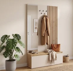 Home affaire Garderobenpaneel »LANDUVA Garderobe mit Schuhschrank, Spiegel und Haken, Breite 120 cm« Garderoben-Set, Kompaktgarderobe, mit Sitzbank, Lamellen Design