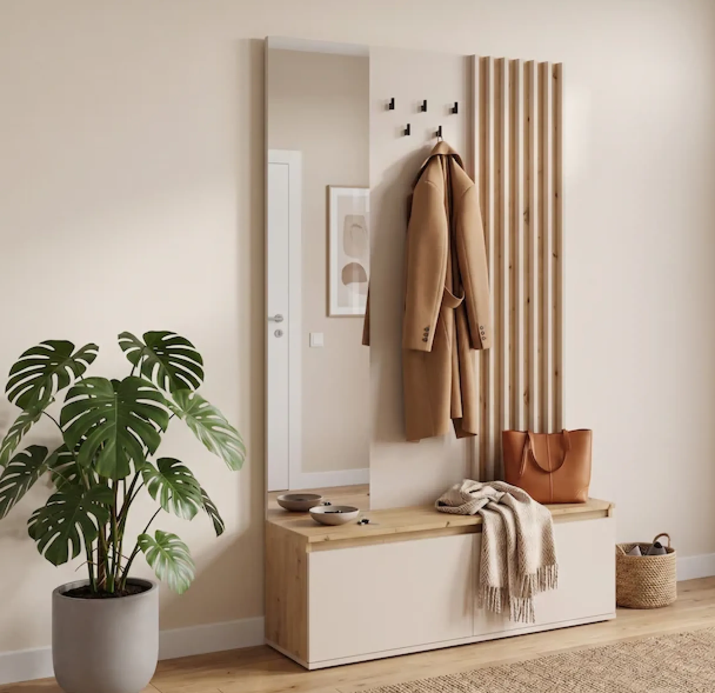 Home affaire Garderobenpaneel »LANDUVA Garderobe mit Schuhschrank, Spiegel und Haken, Breite 120 cm« Garderoben-Set, Kompaktgarderobe, mit Sitzbank, Lamellen Design