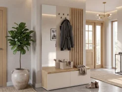 Home affaire Garderobenpaneel »LANDUVA Garderobe mit Schuhschrank, Spiegel und Haken, Breite 120 cm« Garderoben-Set, Kompaktgarderobe, mit Sitzbank, Lamellen Design
