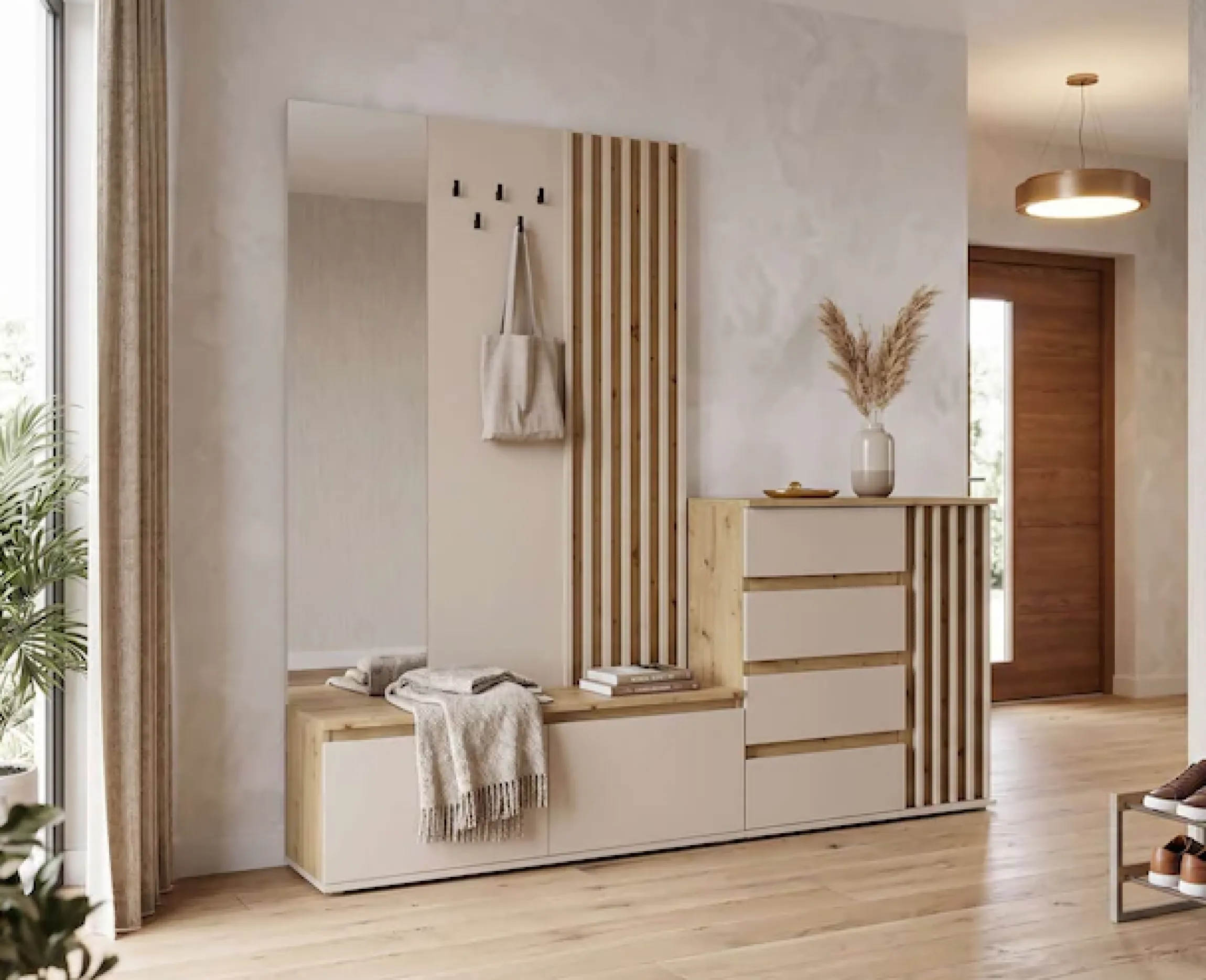 Home affaire Garderobenpaneel »LANDUVA Garderobe mit Schuhschrank, Spiegel und Haken, Breite 120 cm« Garderoben-Set, Kompaktgarderobe, mit Sitzbank, Lamellen Design