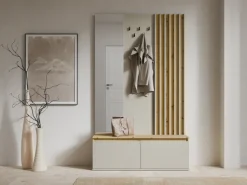 Home affaire Garderobenpaneel »LANDUVA Garderobe mit Schuhschrank, Spiegel und Haken, Breite 120 cm« Garderoben-Set, Kompaktgarderobe, mit Sitzbank, Lamellen Design