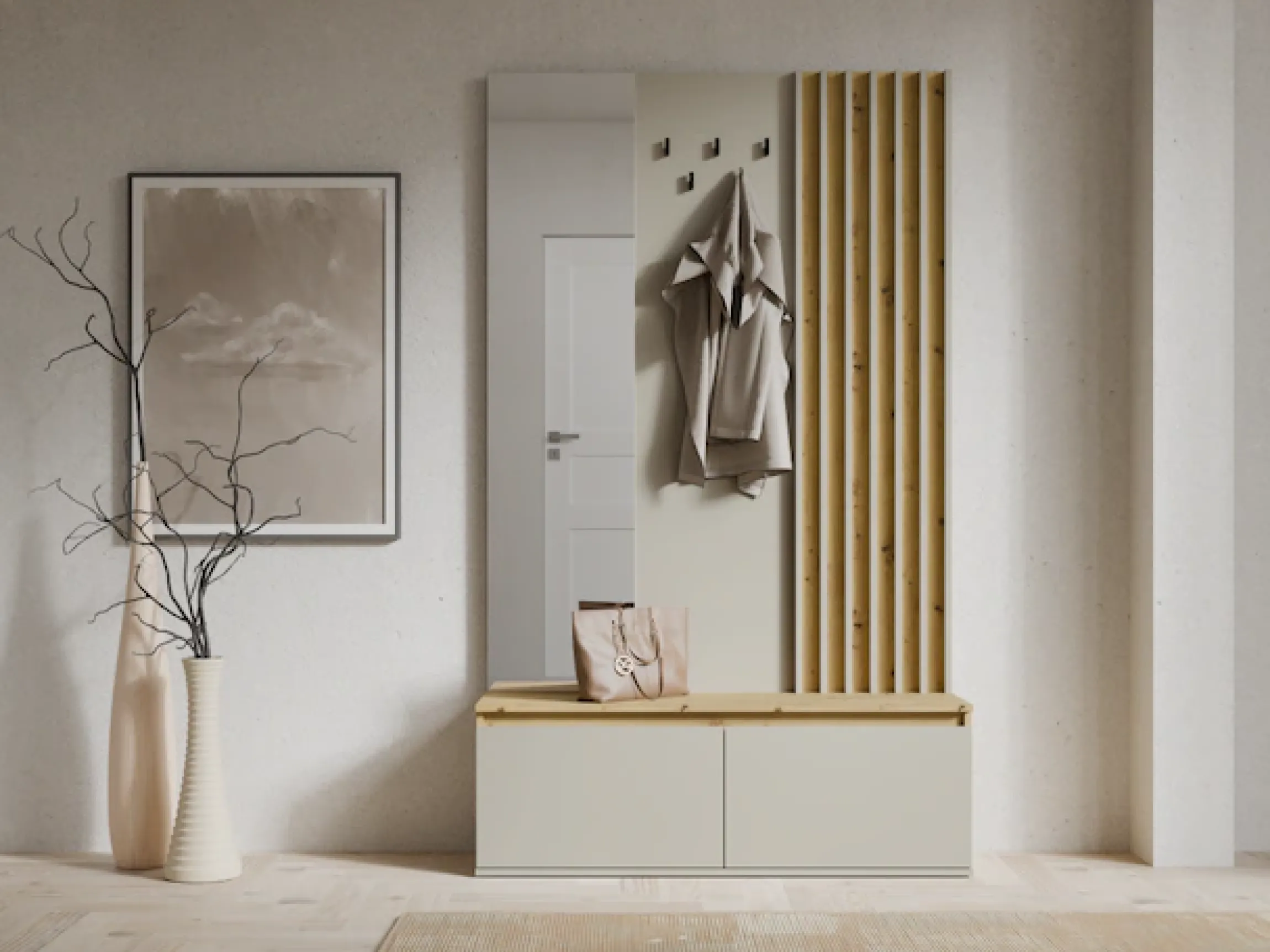 Home affaire Garderobenpaneel »LANDUVA Garderobe mit Schuhschrank, Spiegel und Haken, Breite 120 cm« Garderoben-Set, Kompaktgarderobe, mit Sitzbank, Lamellen Design