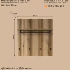 Home affaire Garderobenpaneel »Amrum« 1 Stk. tlg. Wandpaneel mit Ablage, 1 Kleiderstange & 4 Haken - (B/T/H) 80/28/84 cm
