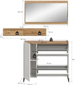 Home affaire Garderoben-Set »EVRID, 3-teilig, Breite 140 cm, individuell stellbar & erweiterbar« best. aus: Kommode, Wandboard & Spiegel, 3 Stk. tlg.