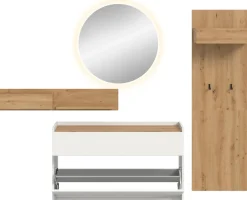 Home affaire Garderoben-Set »EVRID, 4-teilig, Breite 205 cm, inkl. Beleuchtung« best. aus: Wandboard, Kommode, Spiegel, Garderobenpaneel, 4 Stk. tlg.