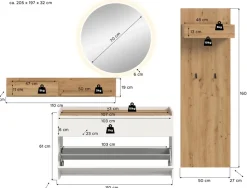 Home affaire Garderoben-Set »EVRID, 4-teilig, Breite 205 cm, inkl. Beleuchtung« best. aus: Wandboard, Kommode, Spiegel, Garderobenpaneel, 4 Stk. tlg.