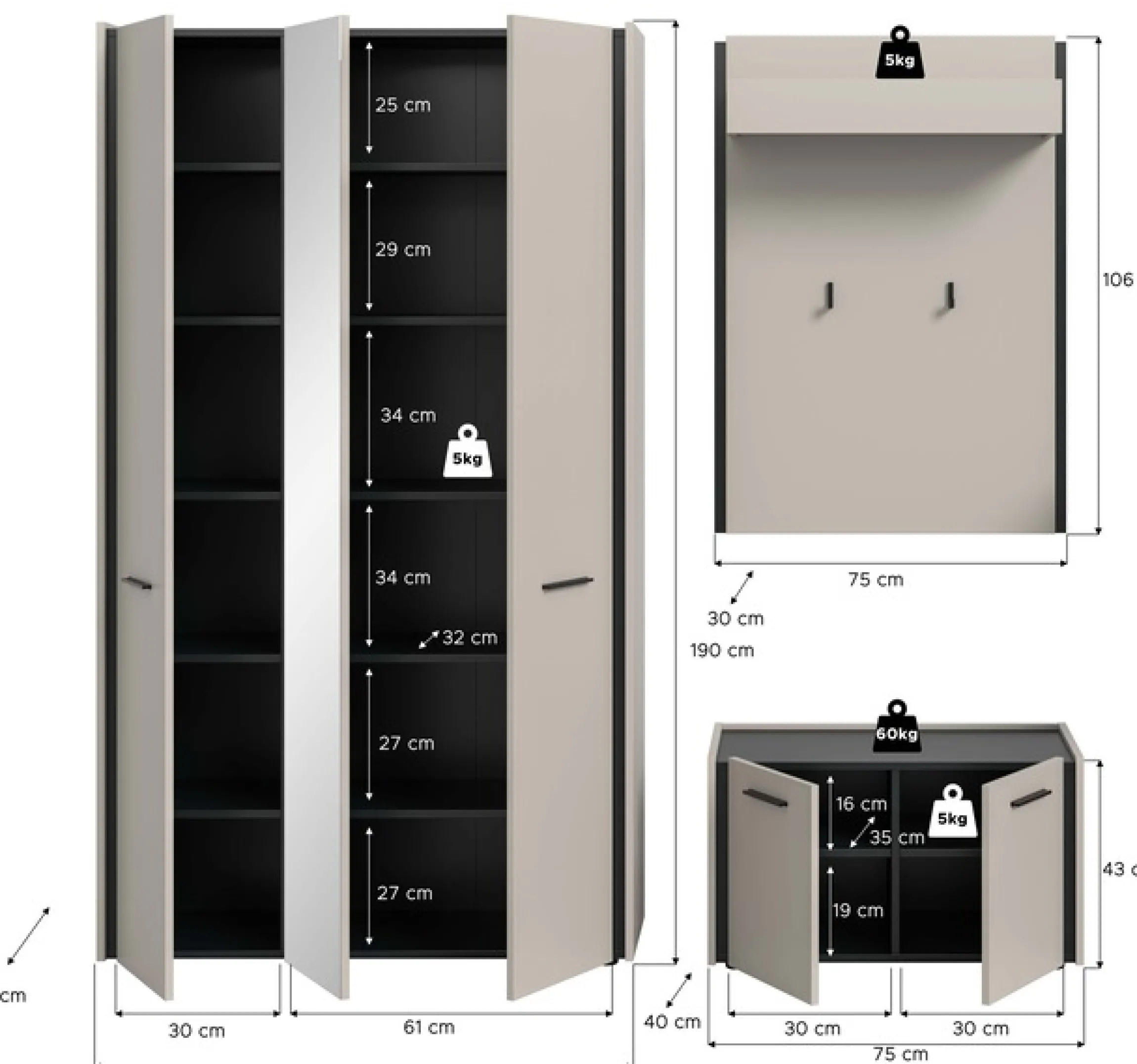 Home affaire Garderoben-Set »RAK, 3-teilige Garderoben-Kombination, Breite ca.197 cm« Garderobenschrank, Sitzbank, Garderobenpaneel, 3 Stk. tlg.