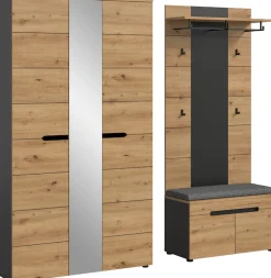 Home affaire Garderoben-Set »REHAT, TOPSELLER!, 4-teilig, Breite 200 cm, individuell stellbar« Set, best. aus: Garderobenschrank, Sitzbank, Sitzkissen & Garderobenpaneel, 4 Stk. tlg.