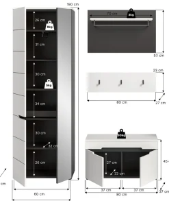 Home affaire Garderoben-Set »REHAT, TOPSELLER!, 4-teilig, Breite 160cm, individuell stellbar« bestehend aus: Garderobenschrank, Sitzbank, Paneel, Hakenleiste, 3 Stk. tlg.