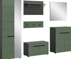 Home affaire Garderoben-Set »Rehat, Garderobenkombination, Breite 255cm« Garderobenschrank, Sitzbank, Paneel, Hakenleiste, Spiegel, Kommode, 6 Stk. tlg.