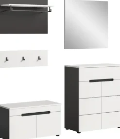 Home affaire Garderoben-Set »REHAT, TOPSELLER!, 5-teilig, Breite 175cm, individuell stellbar« bestehend aus: Sitzbank, Paneel, Hakenleiste, Spiegel, Kommode, 4 Stk. tlg.