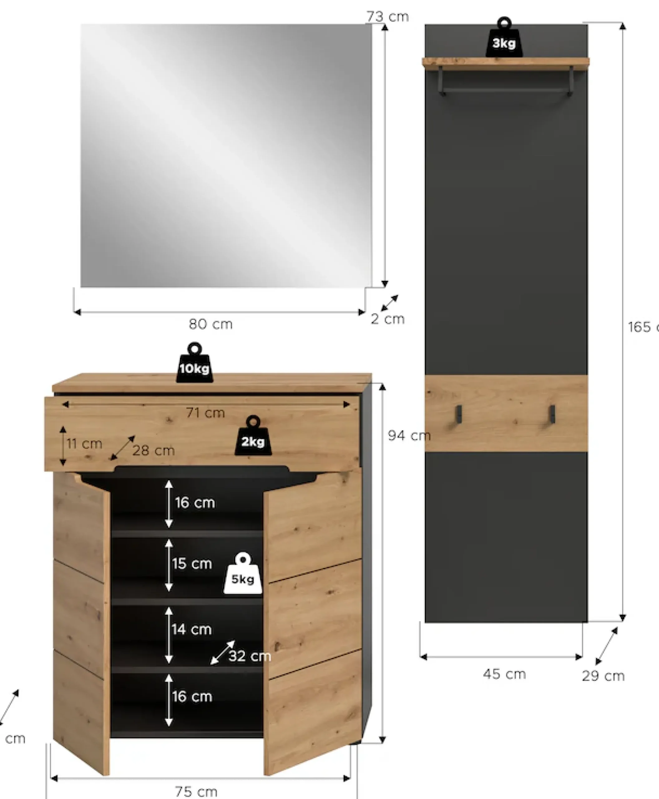 Home affaire Garderoben-Set »REHAT, TOPSELLER!, 3-teilig, Breite 140 cm, individuell erweiterbar« Set, bestehend aus: Kommode, Spiegel und Garderobenpaneel, 3 Stk. tlg.