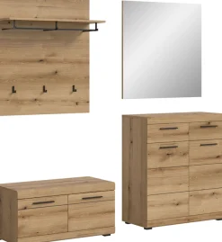 Home affaire Garderoben-Set »Siena, Fronten mit hochwertiger Rillenfräsung, 4-teilig,bestehend aus:« Komplett-Set, bestehend aus: Sitzbank, Garderobenpaneel, Schuhschrank und Spiegel, 4 Stk. tlg.