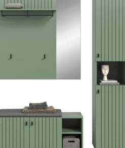 Home affaire Garderoben-Set »TATIO, 4-tlg. Garderobenkombination, Breite: 161 cm, Rillenfräsung« Set, Set, best. aus: 1 Paneel, 1 Garderobenschrank,1 Sitzbank,1 Sitzkissen, 4 Stk. tlg.