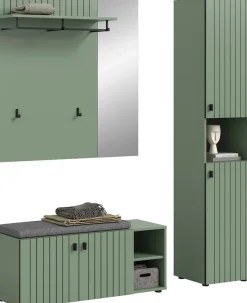 Home affaire Garderoben-Set »TATIO, 4-tlg. Garderobenkombination, Breite: 161 cm, Rillenfräsung« Set, Set, best. aus: 1 Paneel, 1 Garderobenschrank,1 Sitzbank,1 Sitzkissen, 4 Stk. tlg.