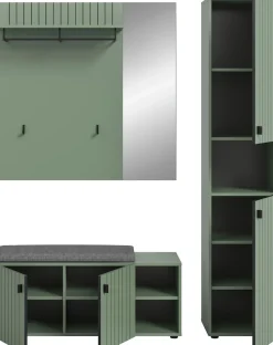 Home affaire Garderoben-Set »TATIO, 4-tlg. Garderobenkombination, Breite: 161 cm, Rillenfräsung« Set, Set, best. aus: 1 Paneel, 1 Garderobenschrank,1 Sitzbank,1 Sitzkissen, 4 Stk. tlg.