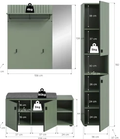 Home affaire Garderoben-Set »TATIO, 4-tlg. Garderobenkombination, Breite: 161 cm, Rillenfräsung« Set, Set, best. aus: 1 Paneel, 1 Garderobenschrank,1 Sitzbank,1 Sitzkissen, 4 Stk. tlg.